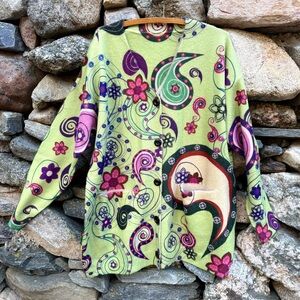 Wool Blend Button Front Cardigan – Green Floral Paisley – Size XXL